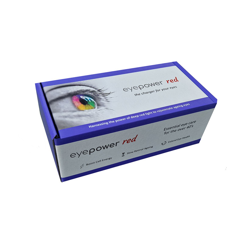 eyepower red device with its box, case, charging cable and instruction guide